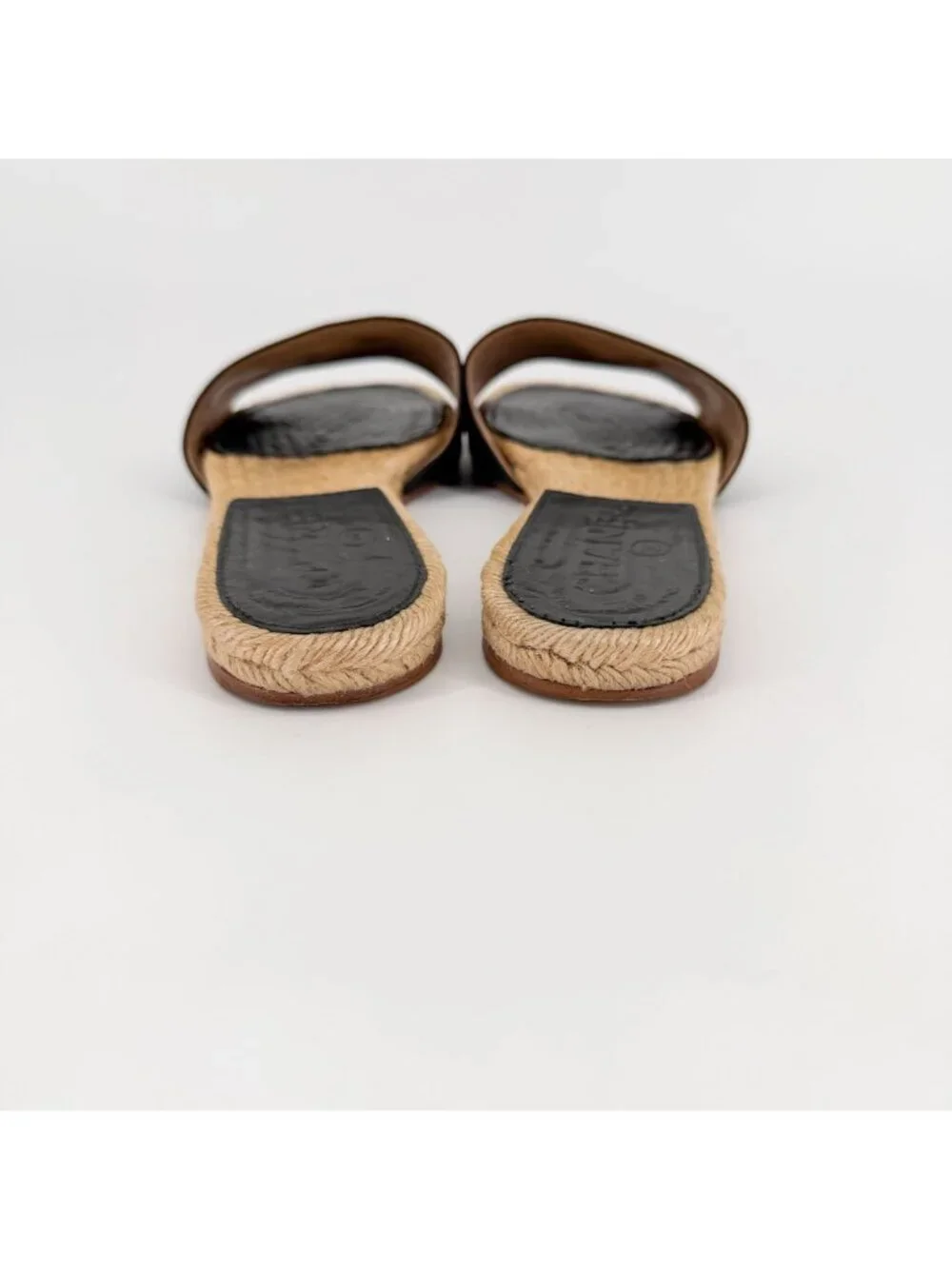 Chanel CC Flat Espadrille Mule Slide Sandals Black Leather Size 38 US 7-7.5 - Picture 7 of 15